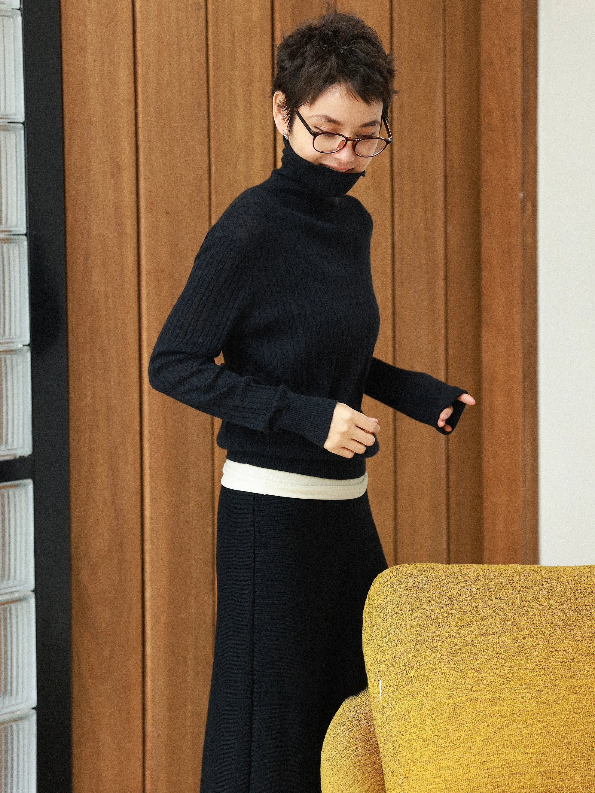 

MsDidion 00% Camere High Ne Slim Fit Knitwear Simple Versatile Thiened Velvet Casual Sle Women's Winter Long Sve