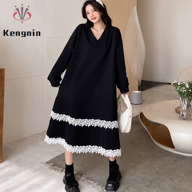 New 2023 Autumn Winter Loose Women's Dresses Plus Size 4XL Patchwork Lace V-Neck Female Robe Long Sleeve T-Shirts Vestido KE3653