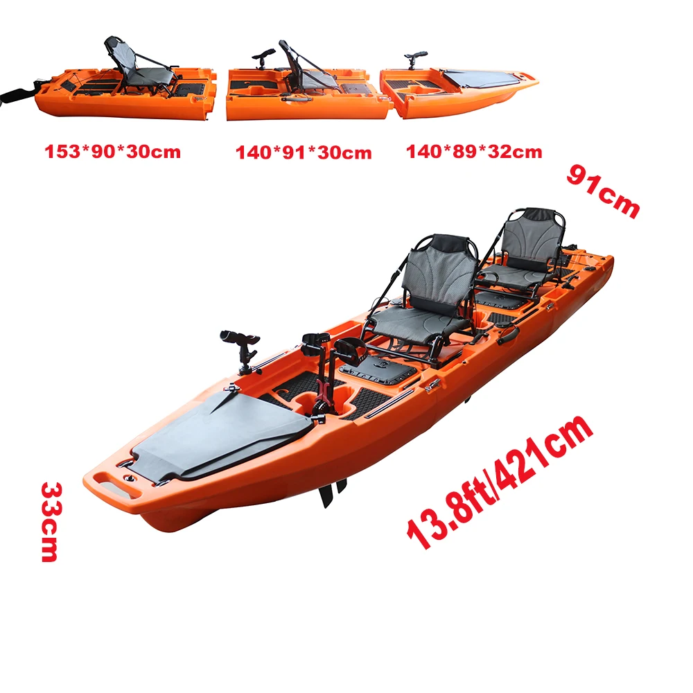 Modular Tandem Kayak, 14ft 2-Person Double Seats, Sectional Detachable HDPE Hull, with Dual Pedal Drive, for Lake River Fishing