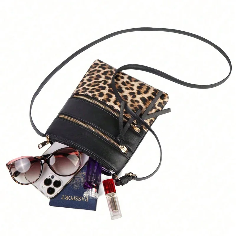 Double Zipper Leopard Pattern Crossbody Bags For Women, Small Square Shoulder Bag Ladies Handbags Designer Phone Pocket