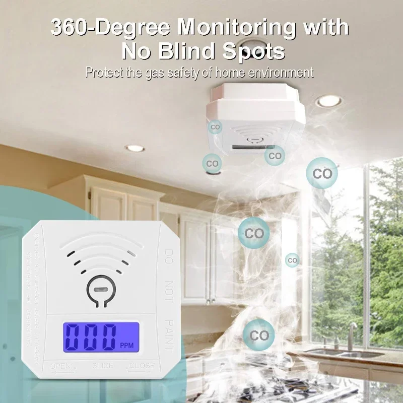 Koolmonoxidedetector, CO-gasmonitor Alarmdetector, CO-sensor met LED digitaal display voor thuis, depot, werkt op batterijen