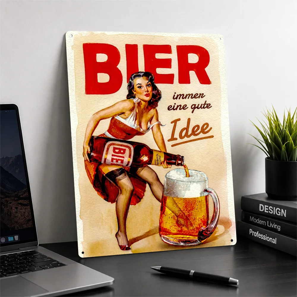 Retro Pin-up Pouring Beer Personalized 3D Textured Metal Poster Wall Art Vintage Tin Signs for Decor Room Luxury Decoration Home