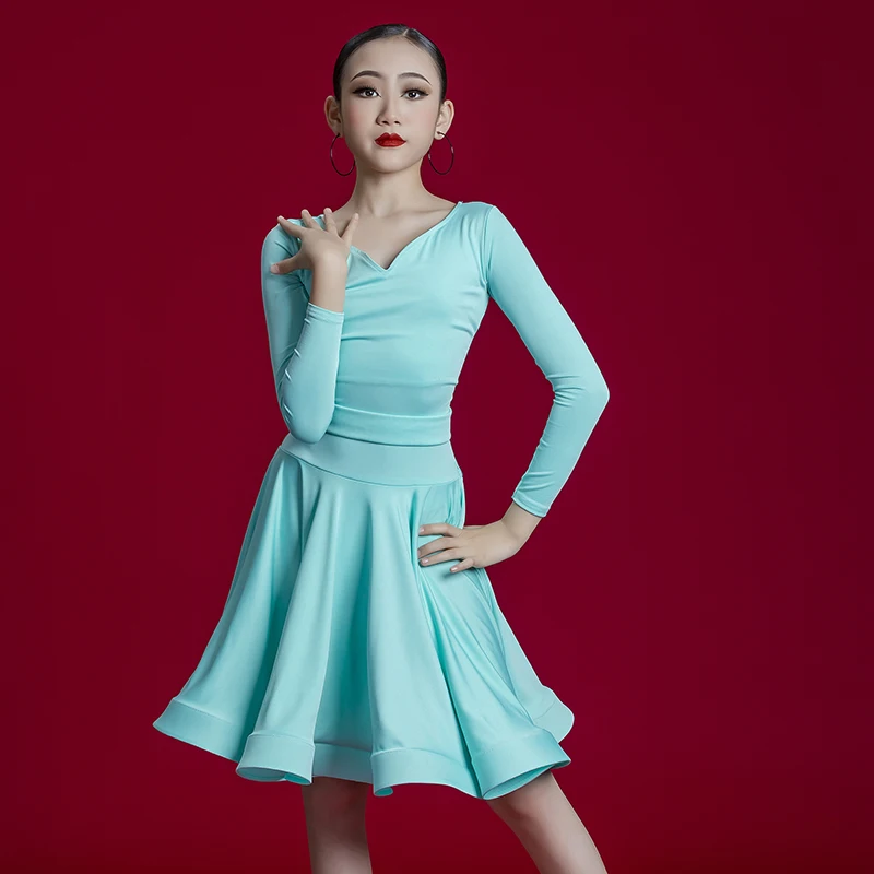 Dziecięca sukienka do ćwiczeń latynoamerykańskich na zamówienie, spódnica dla dziewcząt, strój do występów, strój do tańca liniowego, odzież konkursowa, top i spódnica, 2 sztuki