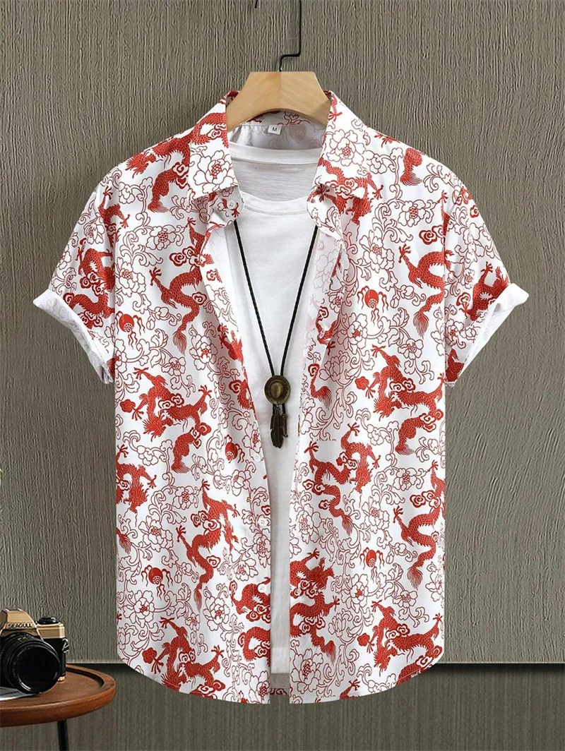 Chinese dragon pattern print short sleeve lapel shirt tops, men\'s casual button down fashion shirts for daily and resort beach p