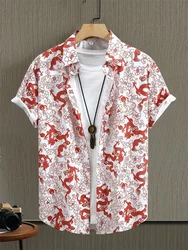 Chinese dragon pattern print short sleeve lapel shirt tops, men's casual button down fashion shirts for daily and resort beach p