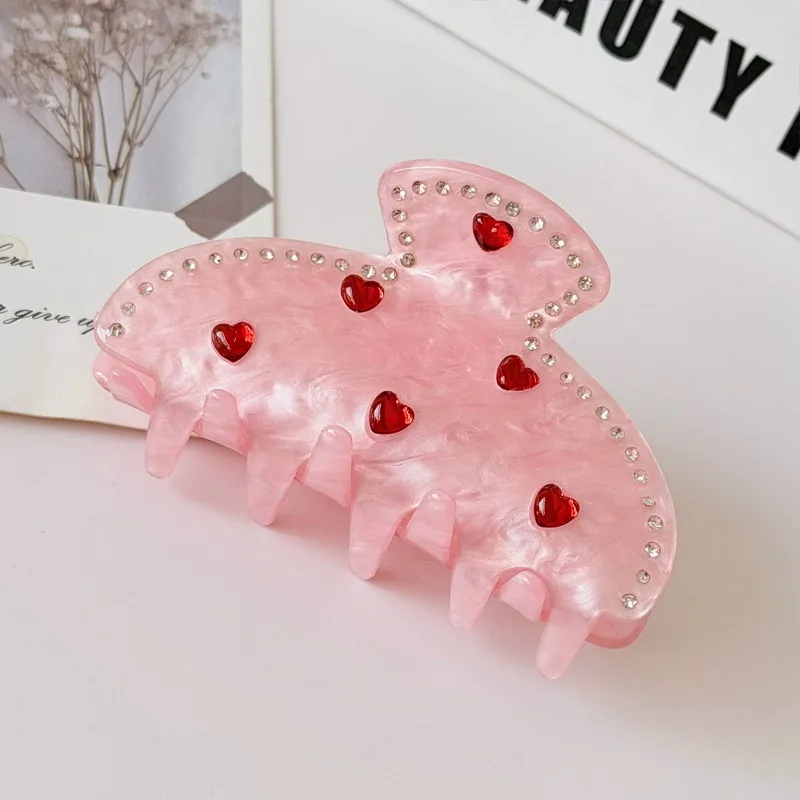 

Luxury Heart Rhinestone Hair Claw Clips Set Adorable Pink Trendy Romantic Accessory Stylish Girls Headwear Daily Casual Outfits