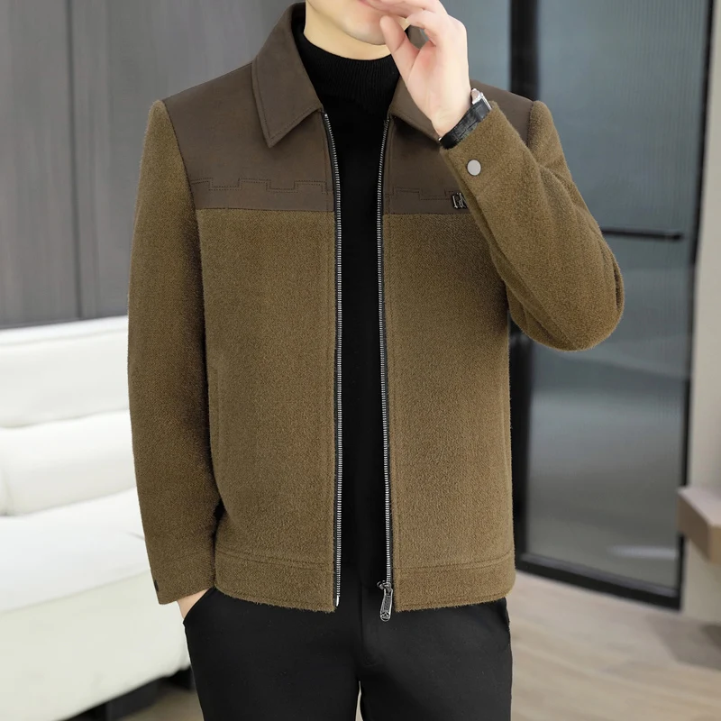 

Весенне-осенняя шерстяная куртка для мужчин, модная приталенная шерстяная куртка на молнии с лацканами, повседневное деловое официальное пальто