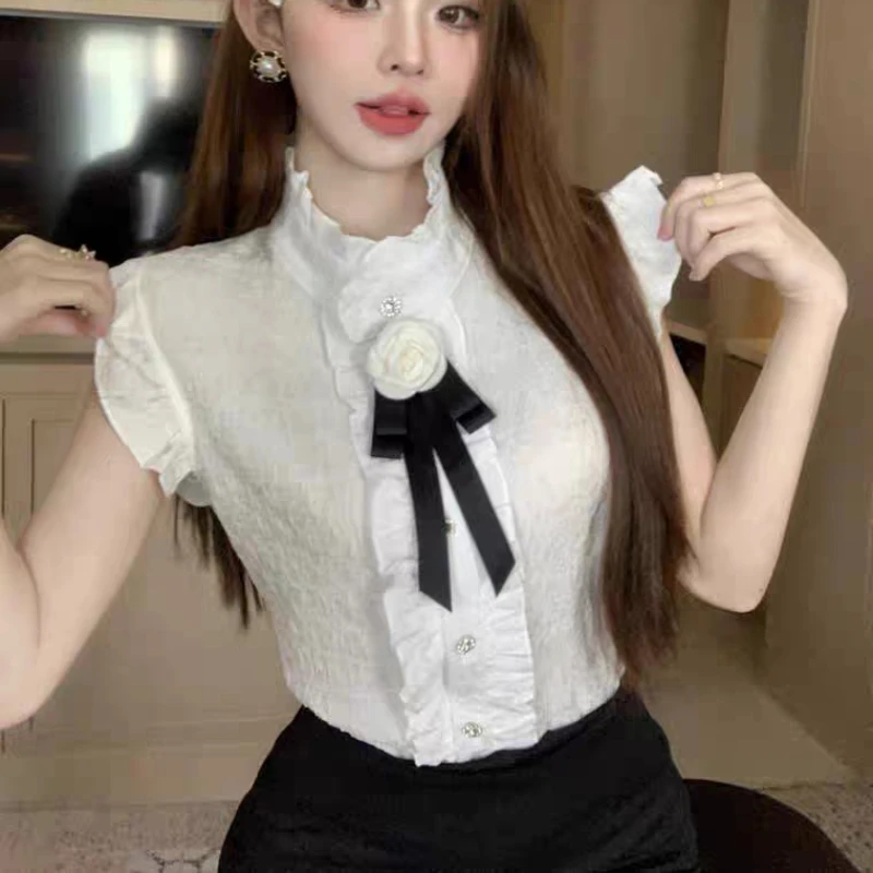 Shirts Women Tender Flying Sleeve Sweet Ruffles Princess Tops Casual Summer Chic Streetwear All-match Gentle Basic Schoolgirls