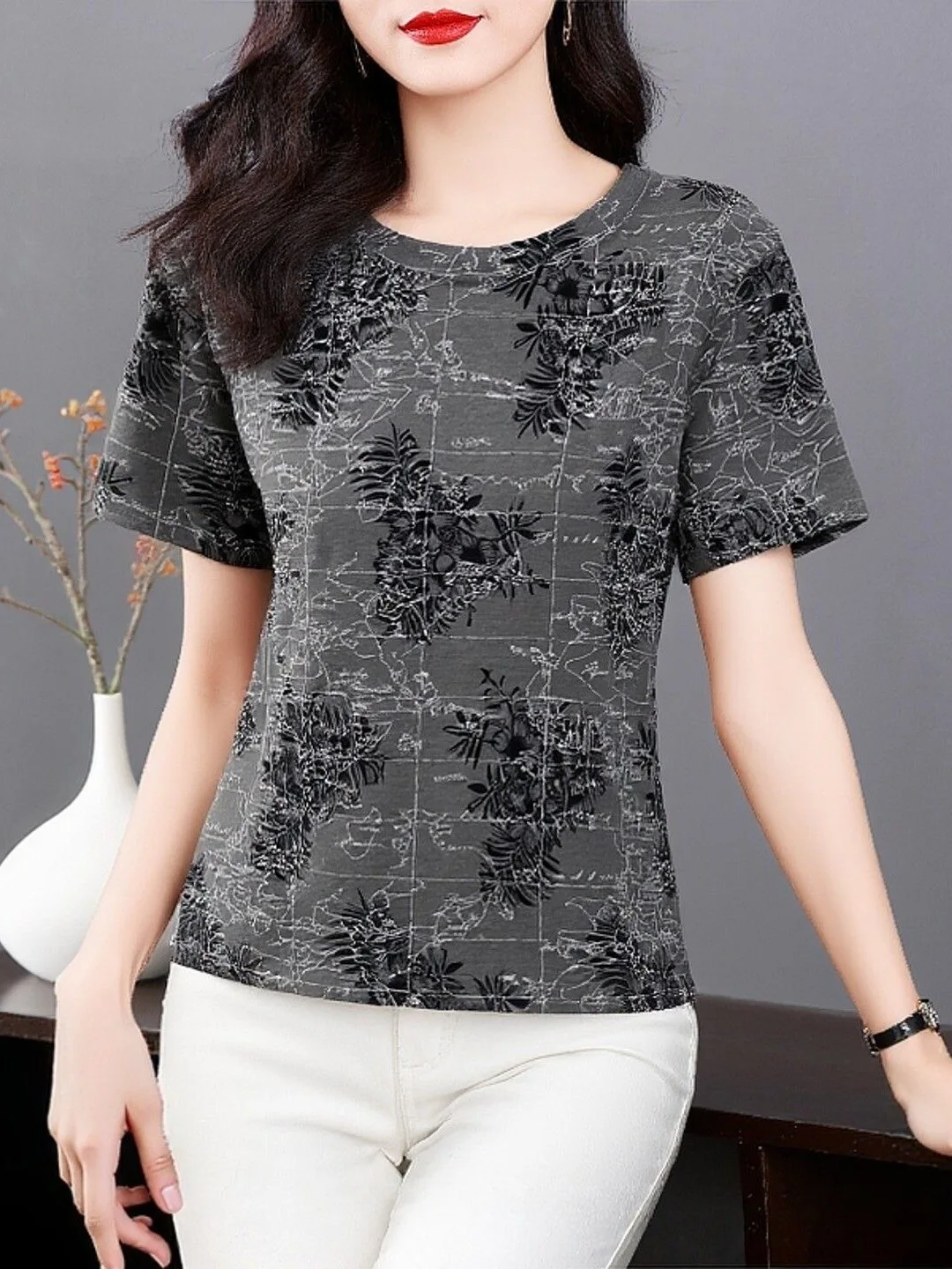 

Summer Grey round Neck Short Sleeve Printed Loose Slimming Versatile Anti-Aging Women's T-Shirt Mom's Fashion Casual Top