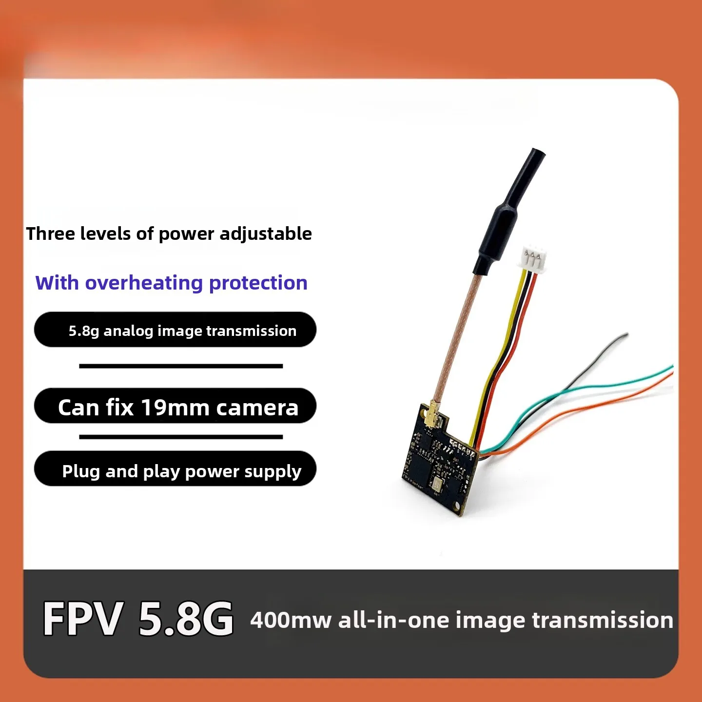 

SLONWAKE 5.8G Video Transmission Module 400mW Adaptation of Power Model Fixed Wing Integrated Aircraft 19mm Camera Drone Accs