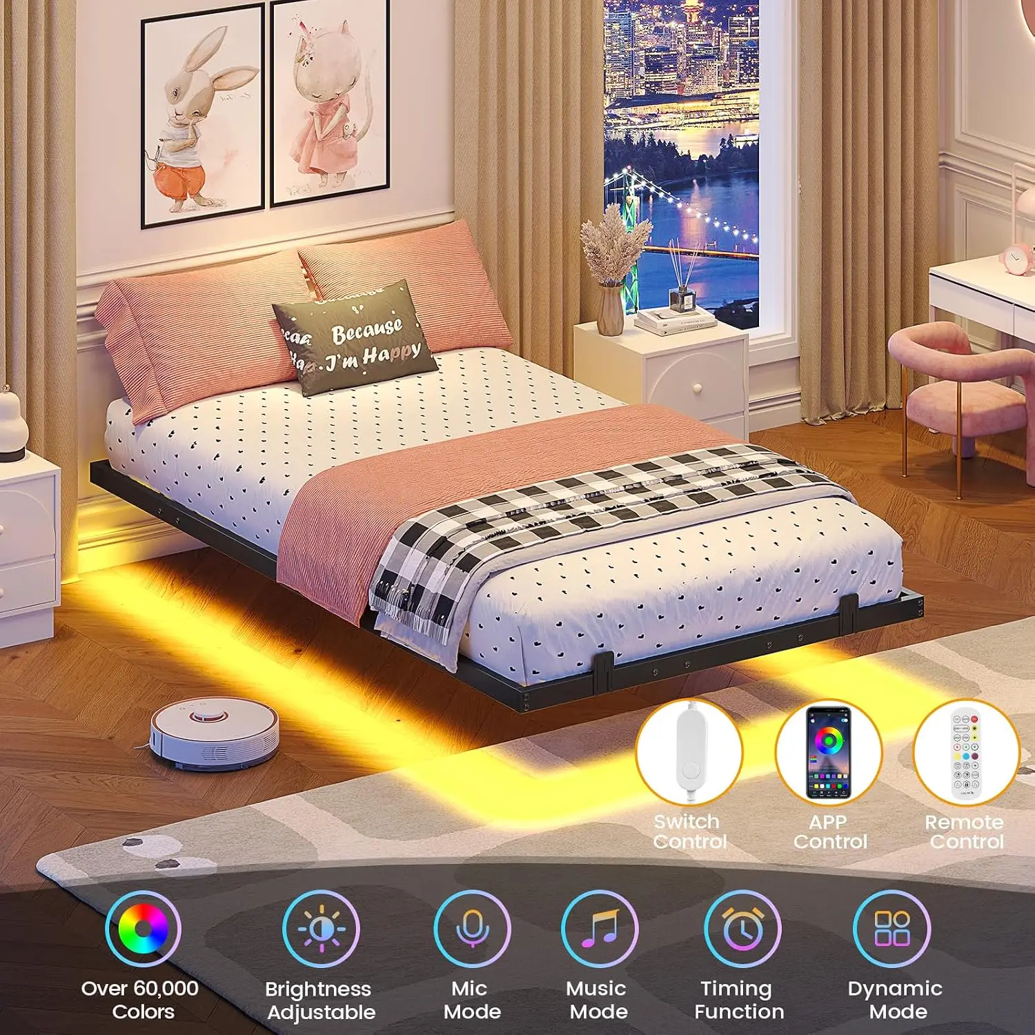 Hasuit Metal Floating Bed Frame Twin Size with LED Lights for Kids No Box Spring Needed Easy to Assemble, Customized view 4