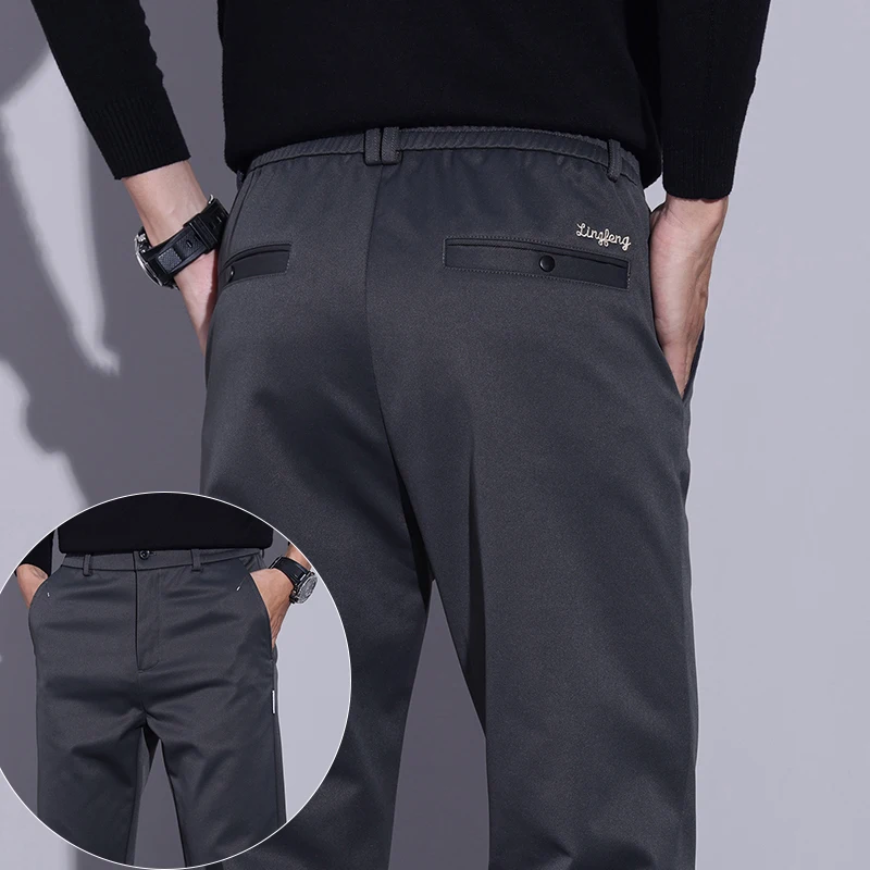 

Men's Business Casual Pants 2024 Autumn Winter Fashion Straight Leg Elastic Waist Baggy Trousers Clothes Man Khaki Army Green