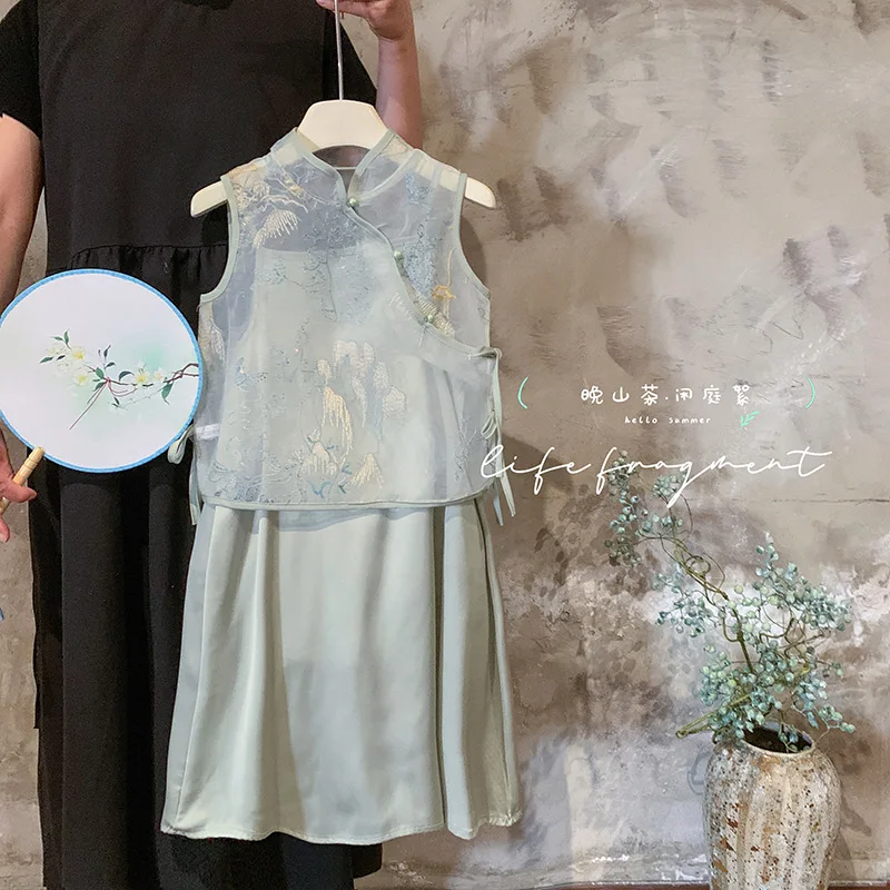 

2025 New Girls Set Summer Children's Vest Strap Skirt Girls Hanfu Two Piece Set Trendy Boutique Clothing