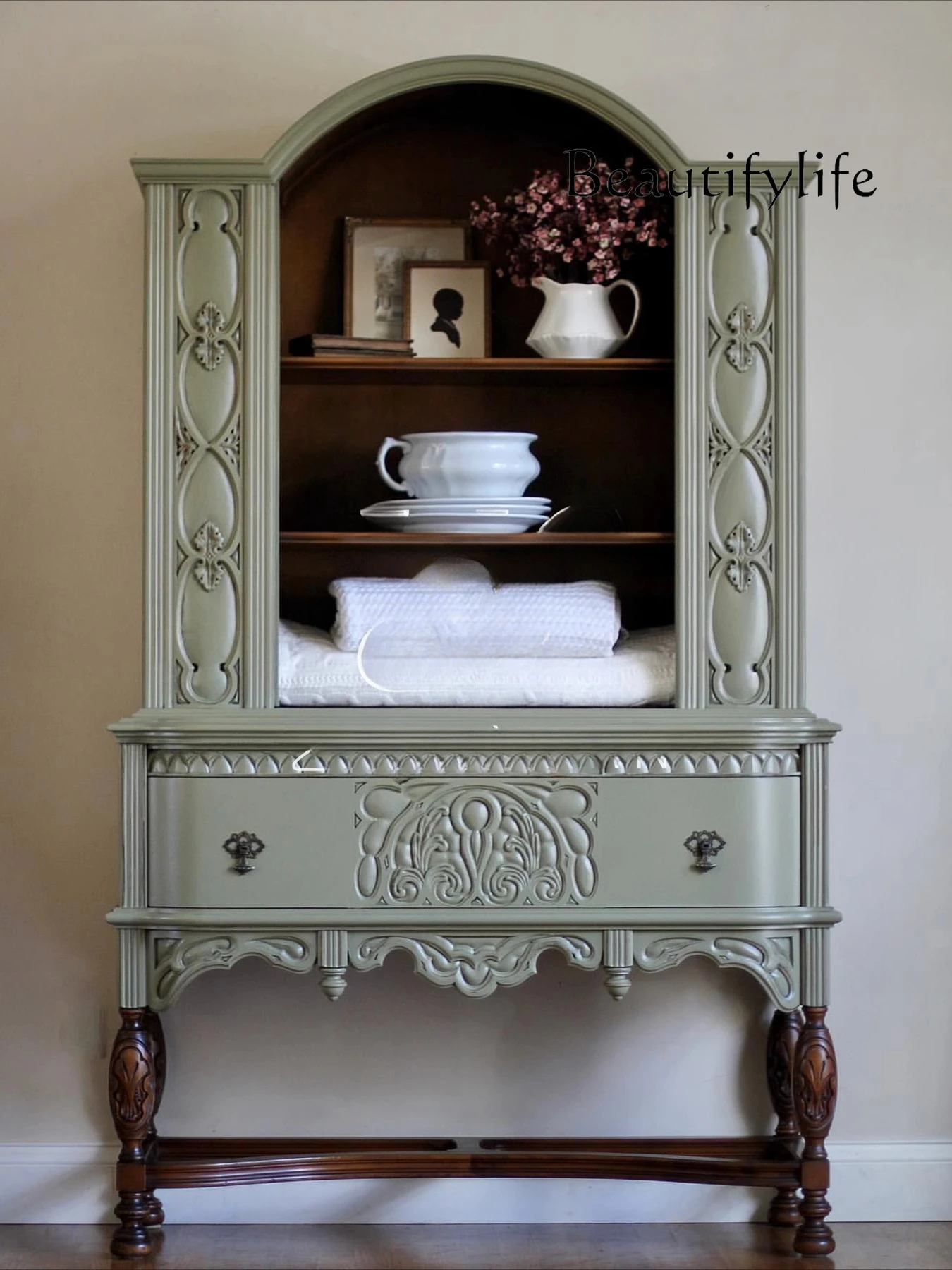 

French retro solid wood carving flower against the wall dining side cabinet storage wine cabinet furniture customization