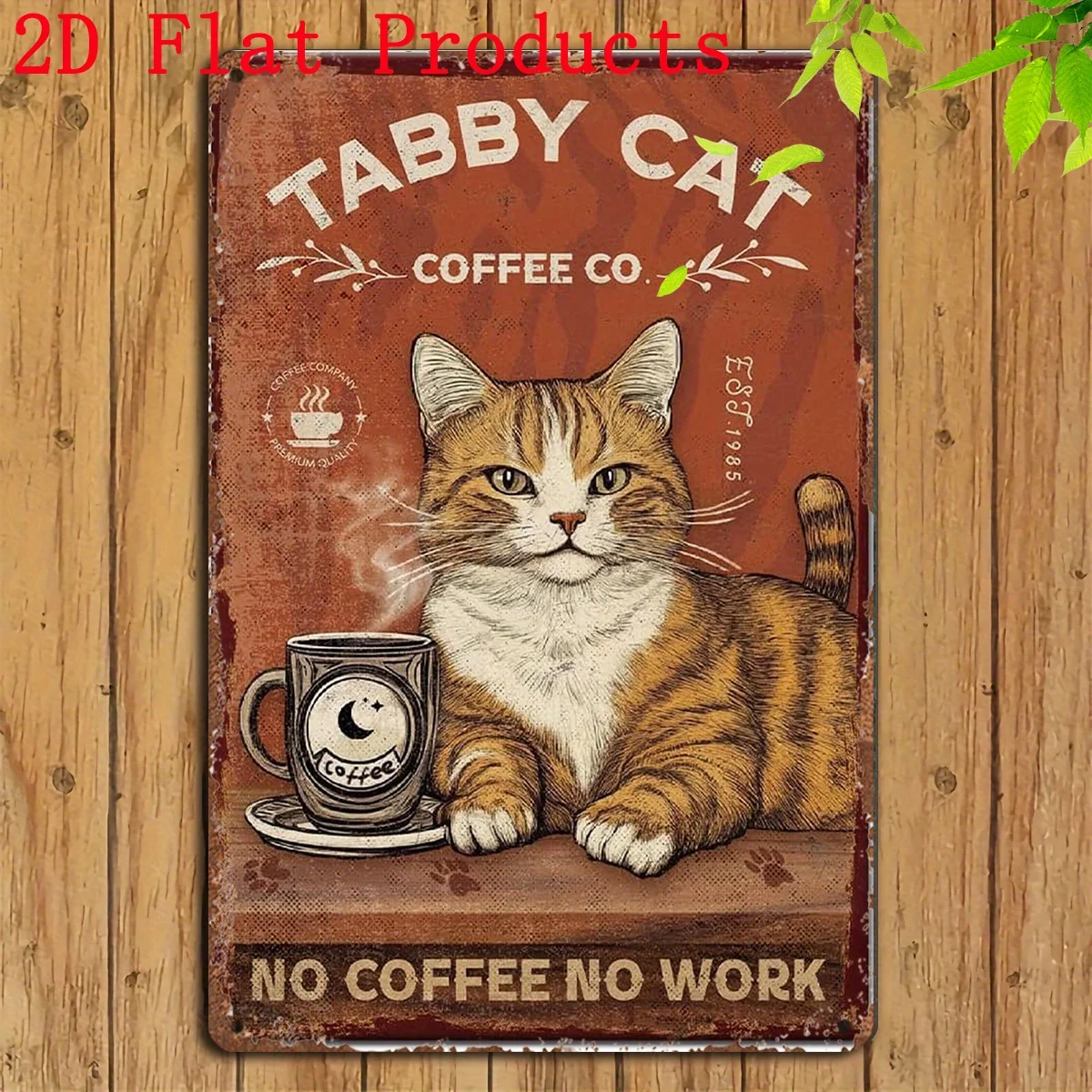 Vintage Metal Tin Sign - Retro Cafe Decor with Tabby Cat & Coffee Cup - Funny 