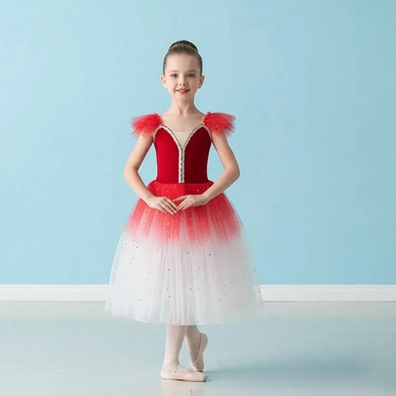 

Red Ballet Dance Tutu Leotard for Girls with Ribbon Long Tulle Skirt Ballerina Fairy Dancewear Costume Party Outfit
