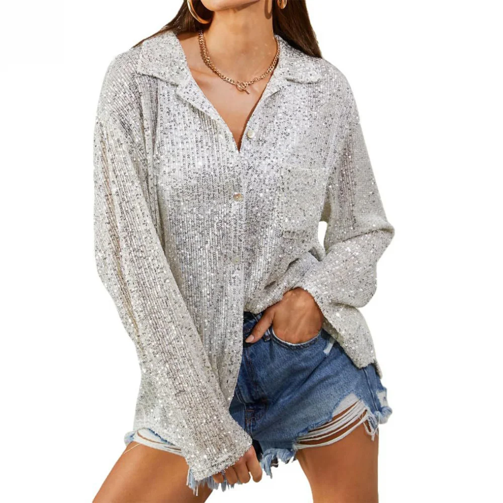 Fashion Loose Sequins Women Blouse Shirts Turn-down Collar Long Sleeve Button Casual Tops Elegant Glitter Party Clubwear Shirt