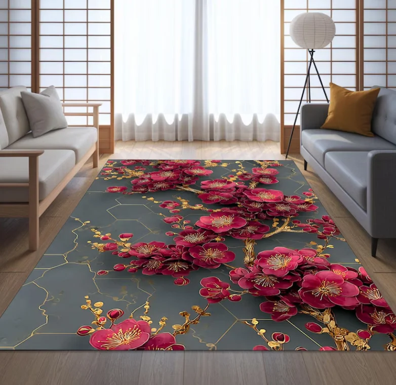 Alfombra con diseño de pez Yin Yang Koi, alfombra japonesa con diseño de flor de cerezo, alfombra de arte asiático para sala de estar, dormitorio, decoración del hogar, alfombra