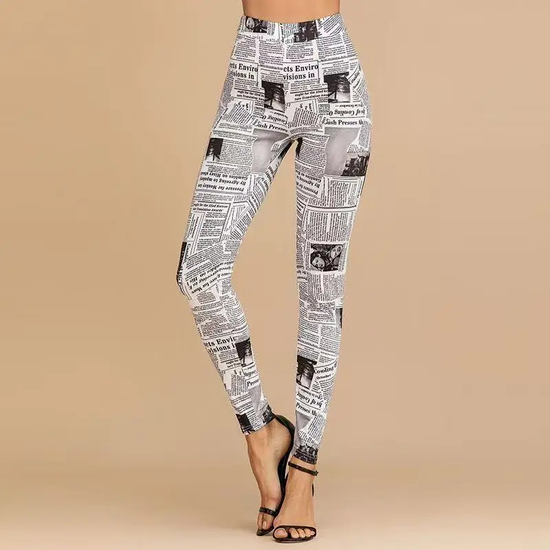 Women's casual sexy newspaper printed breeches Women's cartoon high waist Leggings Women's Sportswear