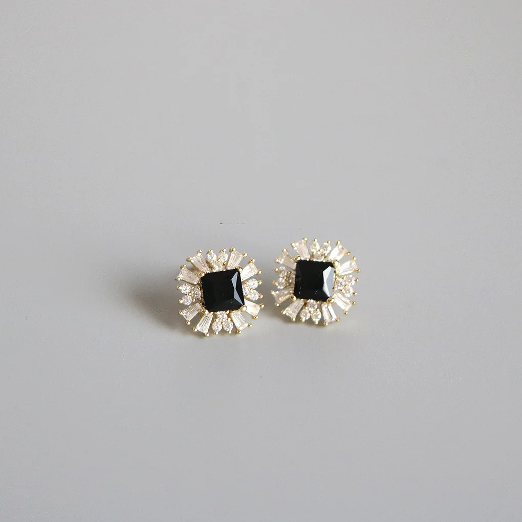 925 Sterling Silver Plated 14K Gold Black Zircon Earrings for Women French Vintage Temperament Versatile Jewelry