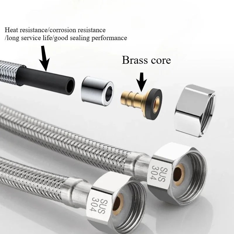 G1/2 Inch Universal Faucet Inlet Pipe 304 Stainless Steel Braided Hose Hot Cold Water Pointed Mouth Tube