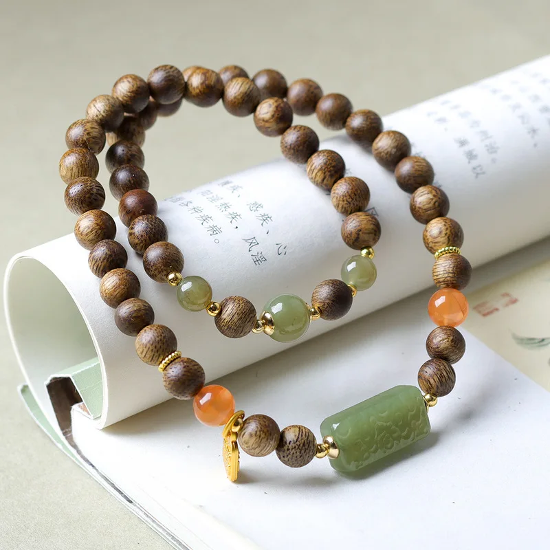 New Green Qinan Agarwood , Original Handicraft with Hetian Jade and Southern Red Agate, Chinese Style Bracelet