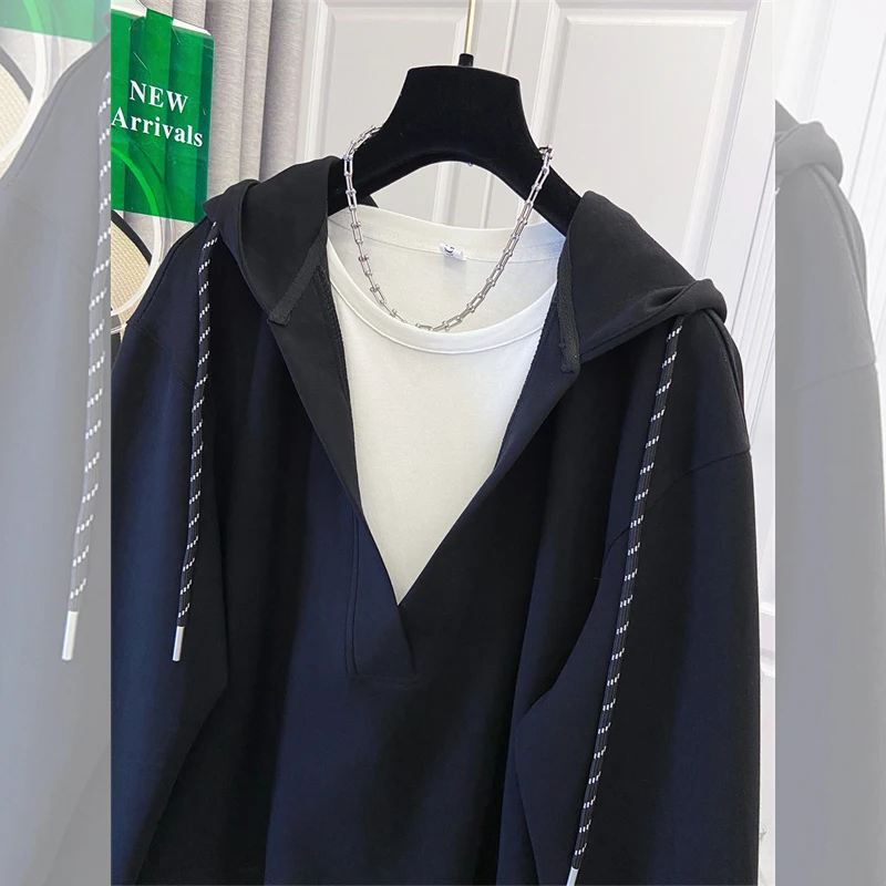 Lente Herfst nep tweedelige Plus Size Hoodie Patchwork V-hals Loose Fit Afslanken Schouderlengte Mouw Dames Casual Mode