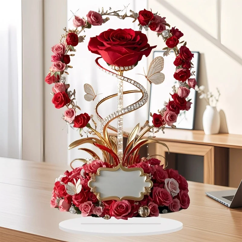 Acrylic Ornament Elegant 2d Rose Acrylic Red Rose Ornament Vibrant Rose Pattern Decoration For Office Decor Gift Giving Desk