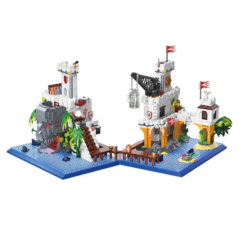 Kreative Architektur Street View Mini Block Schädel Insel Piratenschiff Bay Port Architektur Bauen Ziegel Figuren Spielzeug Sammlung