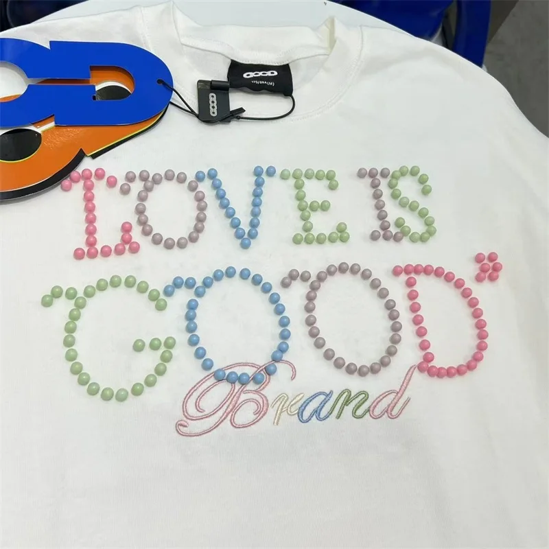 الأبيض Goodbrand تي شيرت الرجال النساء عادية القطن الخالص الملونة اللؤلؤ شعار GOODBRAND المتضخم قصيرة الأكمام تي شيرت