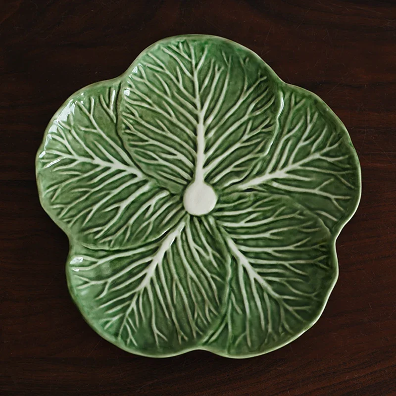 Green Leafy Vegetable Shaped Ceramic Plate, Relief High-temperature Household Tableware, INS Afternoon Teapot, European Style