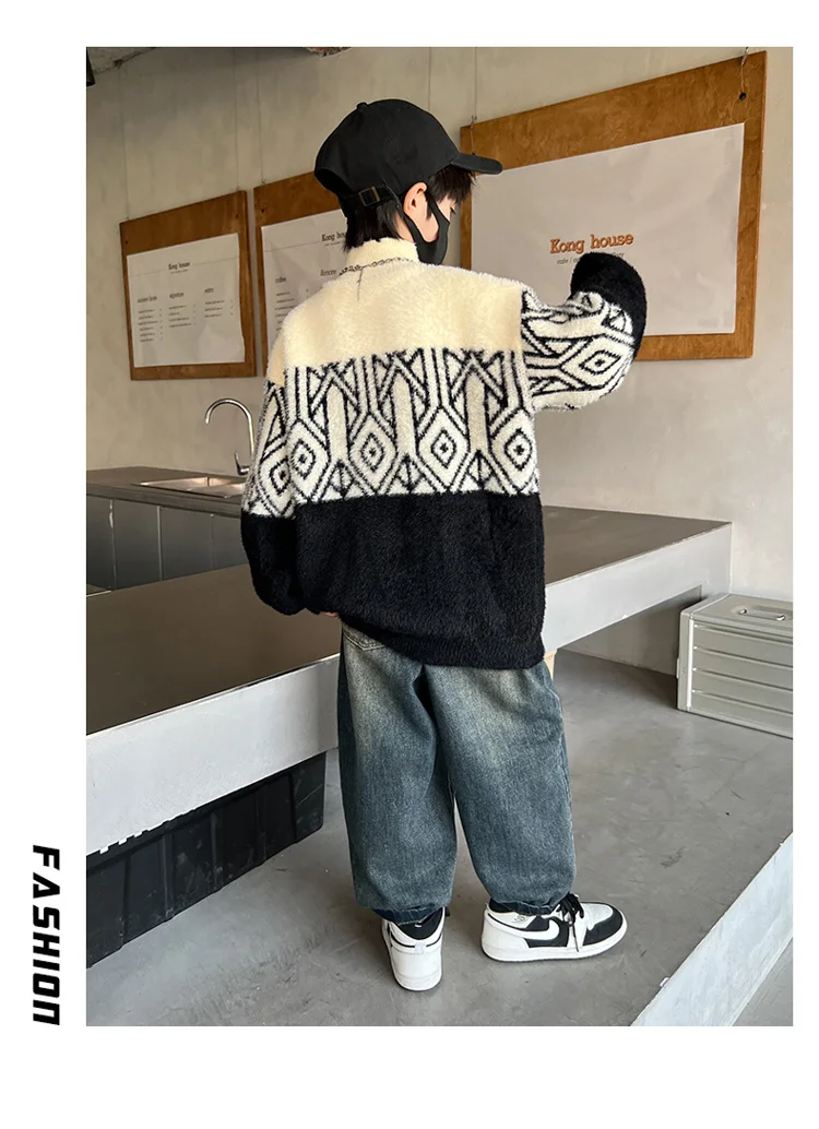 Frühlingsmode Jungen Nerzpullover für 5-14-Jährige Kinder Geometrische Strickwaren Eleganter Halbrollkragen Gestrickte Kleidung – Detail 10
