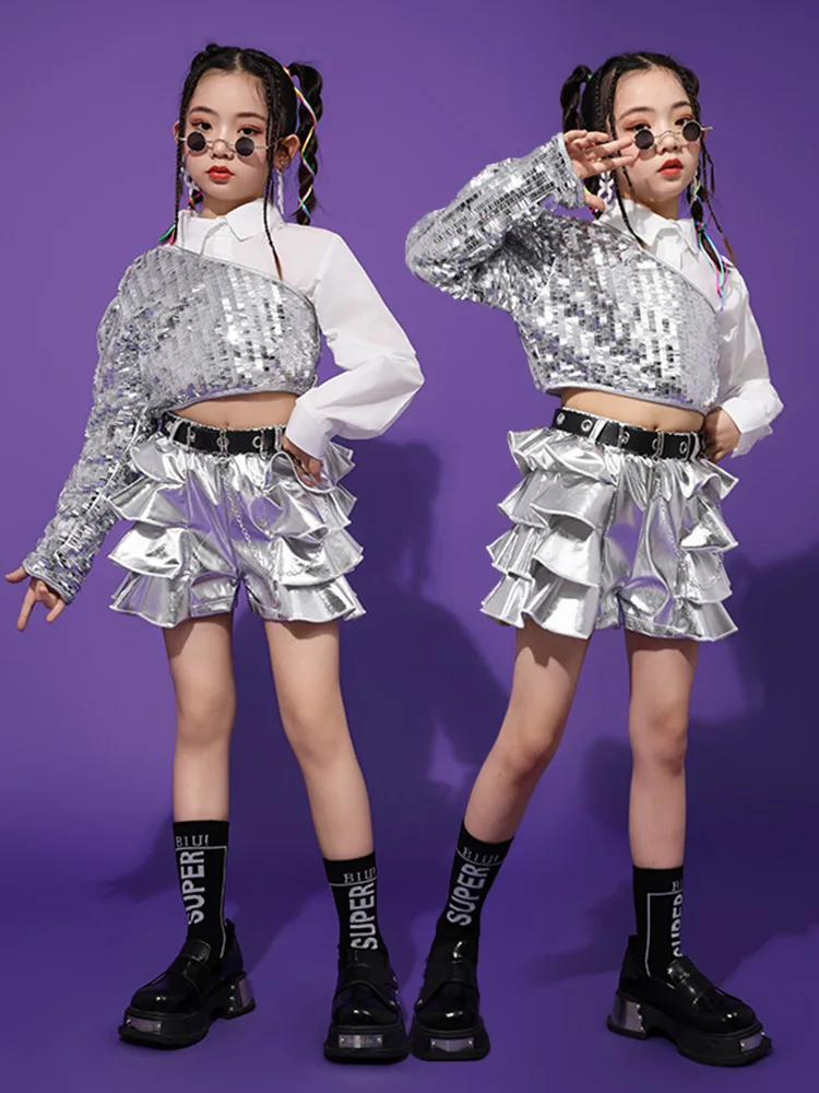 Mädchen Hip Hop Crop Top Pailletten Silber Shorts Kleidung Sets Kinder Jazz Ärmeln Outfits Kind Streetwear Street Dance Bühne Kostüm