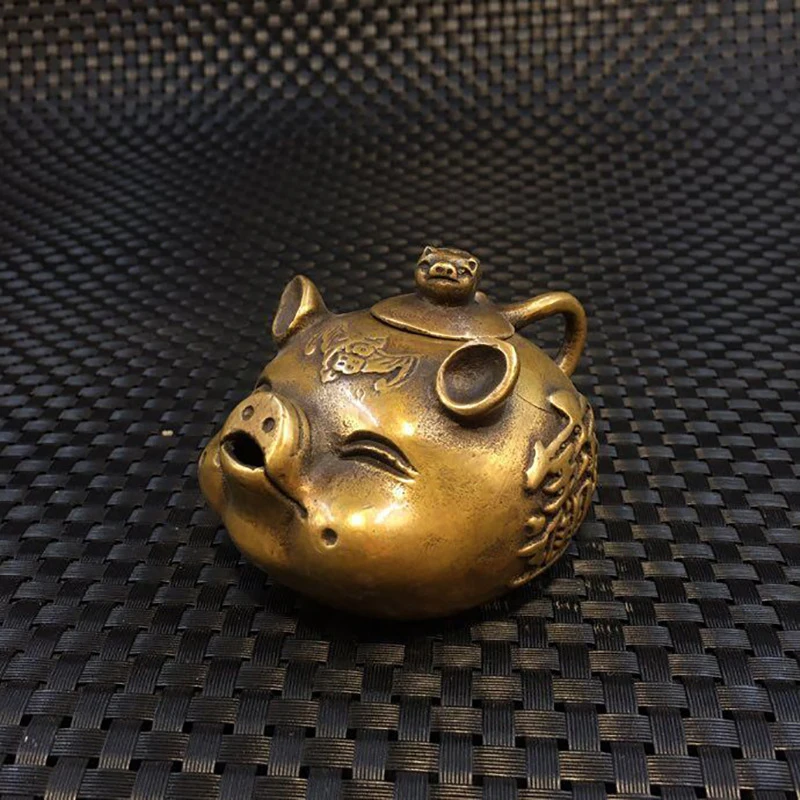 Antique collectible piggy , decorative item for home living room, brass teapot and wine flask decoration