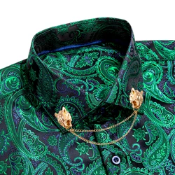 Hi-Tie Mens Shirts Dark Green Silk Lapel Long Sleeve Slim Fit Paisley Spring Autumn Jacquard Shirt For Male Business Party Gifts