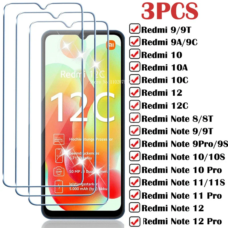 3PCS Tempered Glass for Xiaomi Redmi 9A 9C 10C 10A 9T 12C 13C 8A Screen Protector for Redmi Note 8 9 10 11 12 Pro 11S 10S 9S