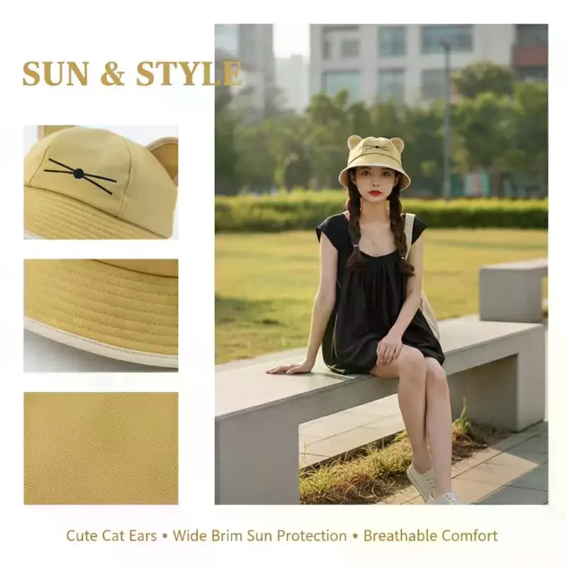 Cat Ear Bucket Hat Women Sunhat uv차단 шляпа женская от солнца Gorros para el sol de mujer Wide Brim Cap