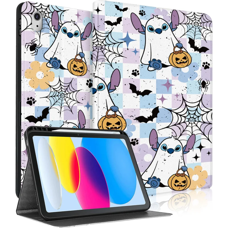 

Чехол с тыквенным фонарем на Хэллоуин для iPad A16 2025 11-го поколения 11 дюймов/2022 10-го 10,9 дюймов, чехол для планшета с автоматическим пробуждением/сна, паутина