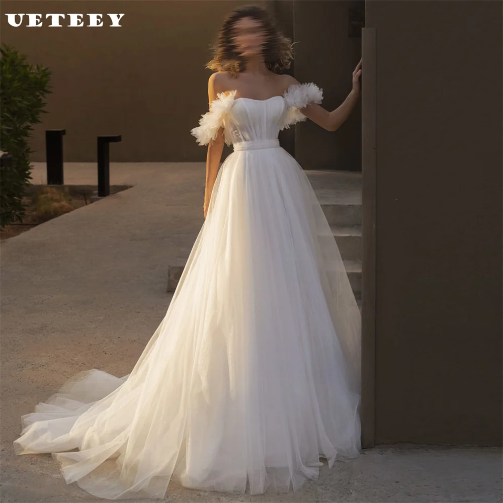 UETEEY Customized Flowers Pleats Fairy Off Shoulder Tulle Wedding Dress Boat Neck A Line Lace Up Back Court Train Bridal Gown