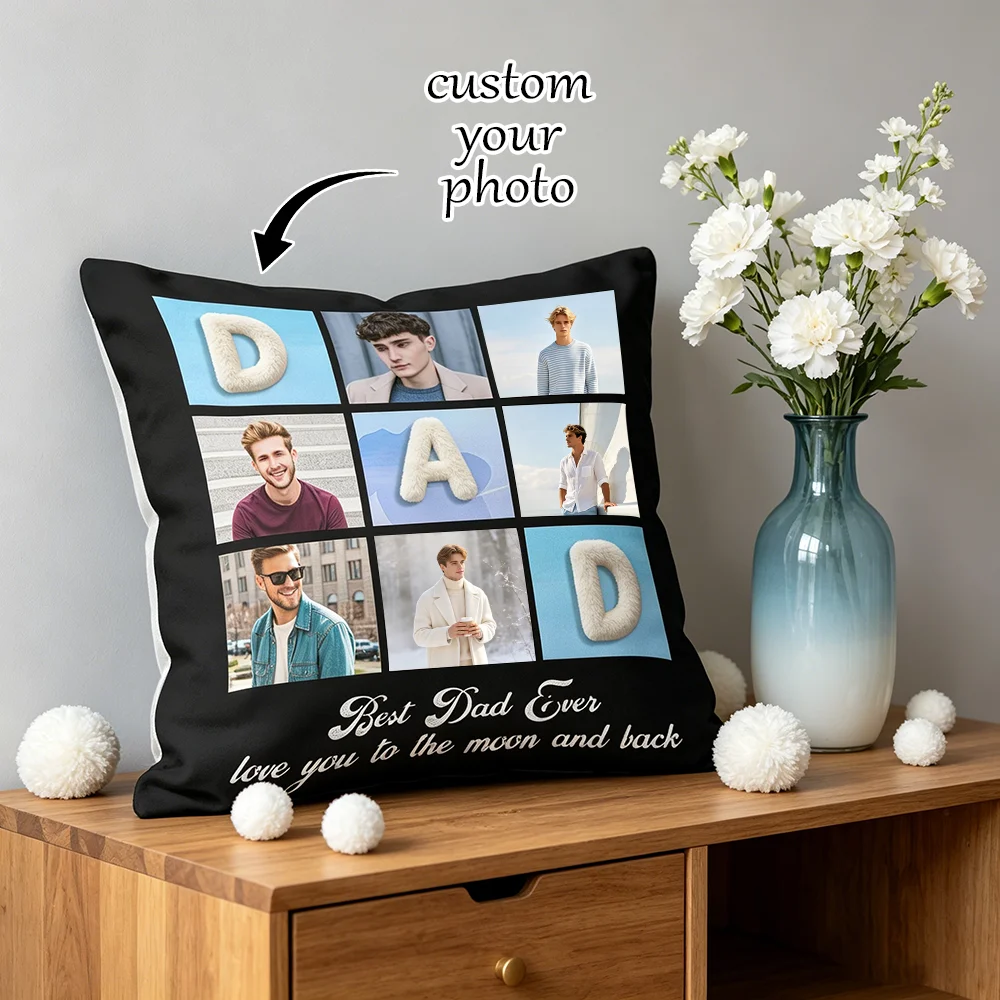 1PC Custom Photo Collage Pillow Cover, Best Dad Ever 9 Grid Picture Cushion Case, Personalized Gift for Father Home Sofa Bedroom