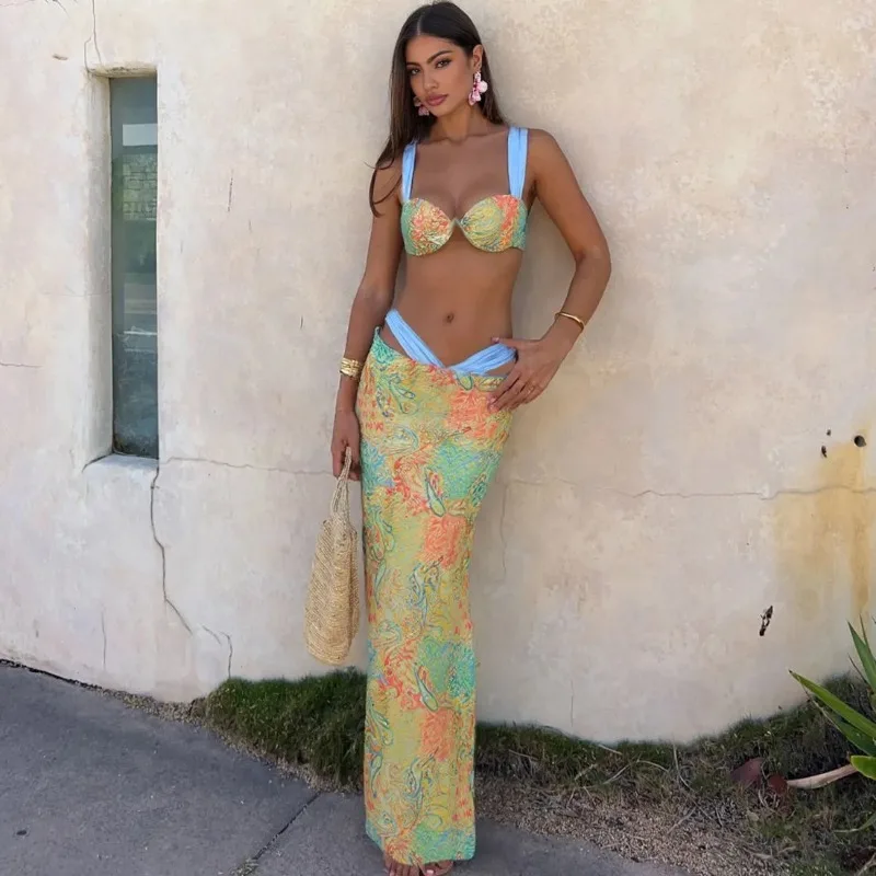 

Women's Paisley Print Two Piece Set Tie Back Crop Top Maxi Skirt