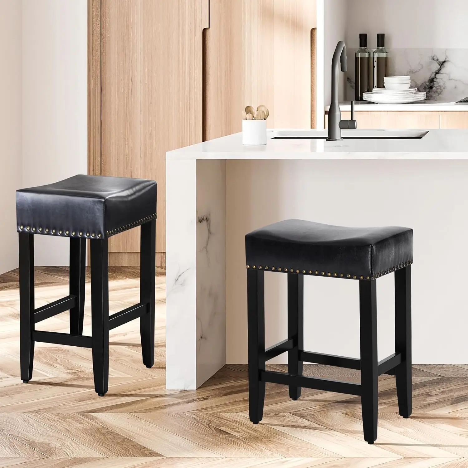 Bar Stools ,25.7 inch Counter Height Bar Stools,Upholstered Kitchen Barstools with Solid Wooden Legs, Saddle Stools