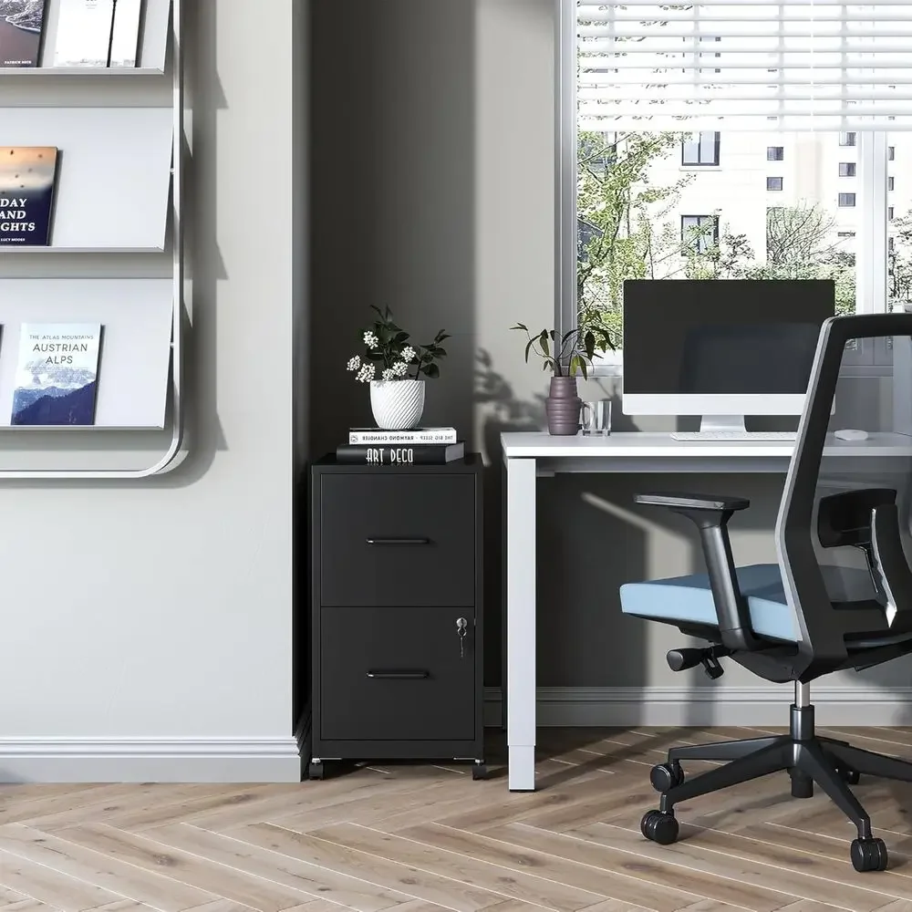 2-Drawer Mobile Steel Cabinet with Lock and Wheels, Under Desk Storage, Suitable for Home or Office, Legal/Letter File Capacity