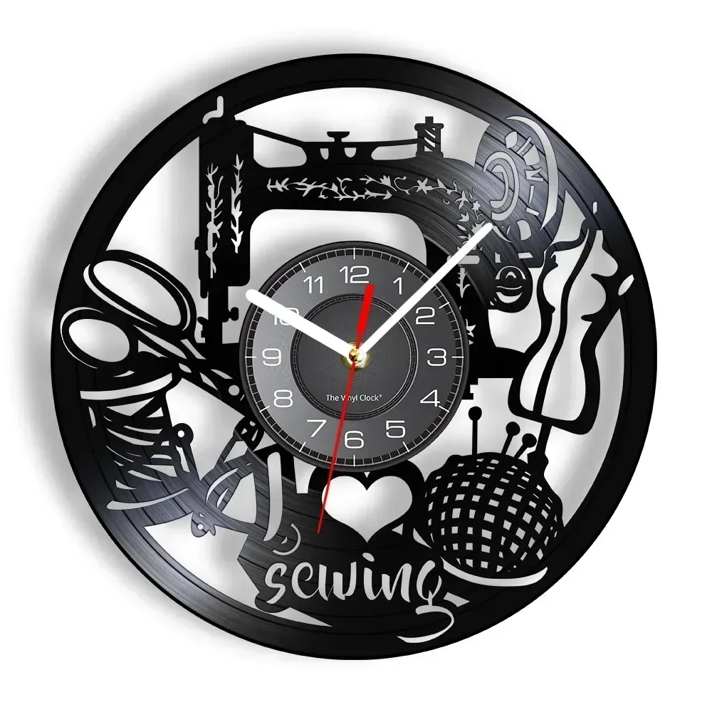 Vintage Sewing Artwork Wall Clock Sewing Machine Cross Needle Vinyl Record Wall Clock Quilting Home Decoration Mom's Gift