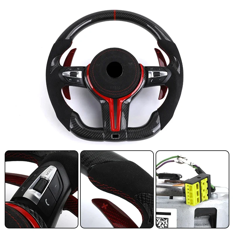 With Red Paddle Shifters Alcantara Leather Carbon Fiber M Sport Steering Wheel for BMW F10 F30 F01 F02 E90 E70 X4 F26 X6 E71 E65