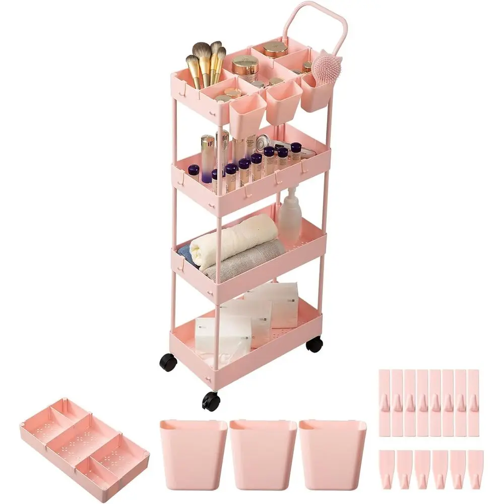 

4-Tier Pink Slim Storage Cart with Wheels, Dividers, Hanging Cups, Hooks, Easy Assembly