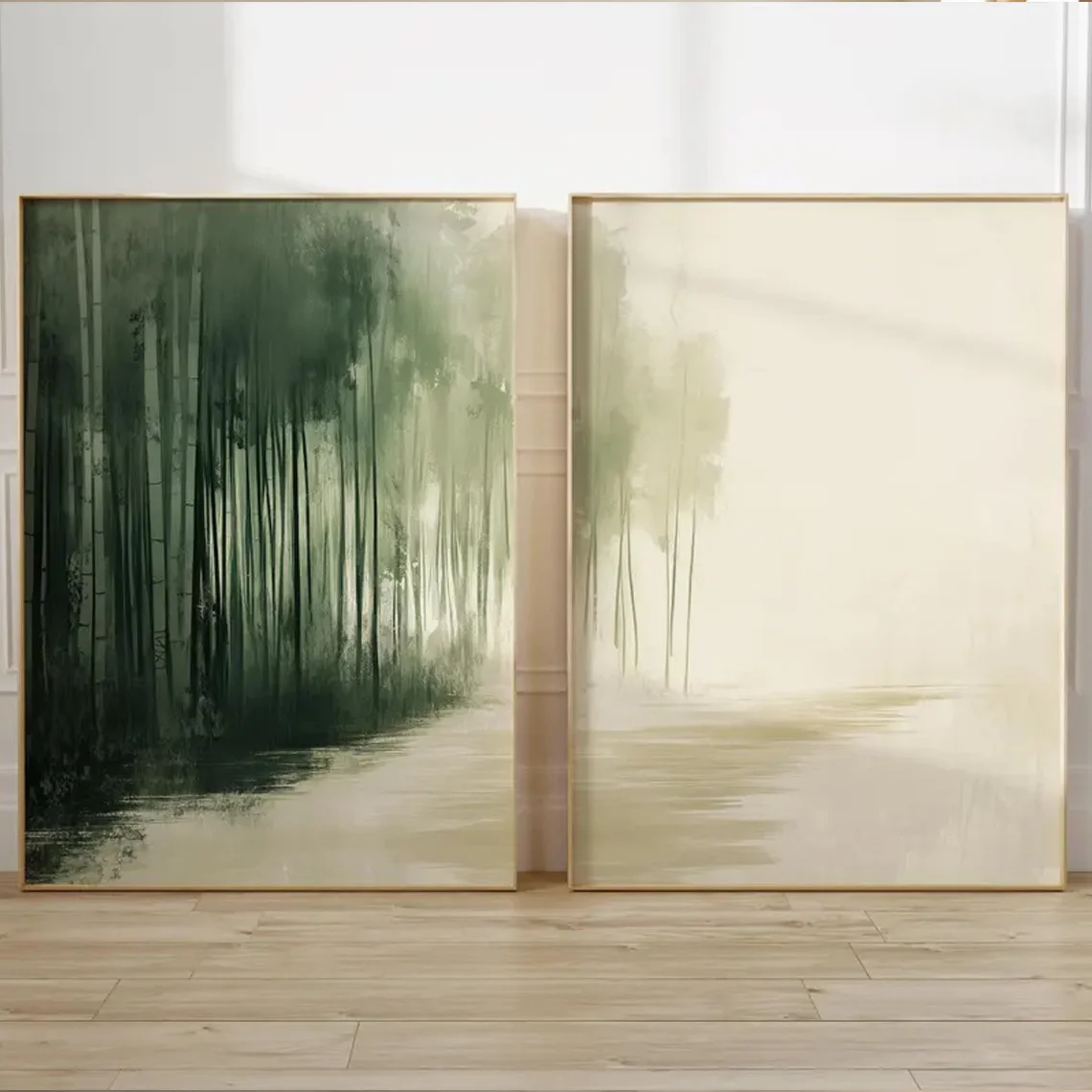 2D Flat 2pcs/Set Vintage Green Japanese-Swedish Canvas Artworks - Frameless Japanese Forest Canvas Prints for Living Rooms Decor