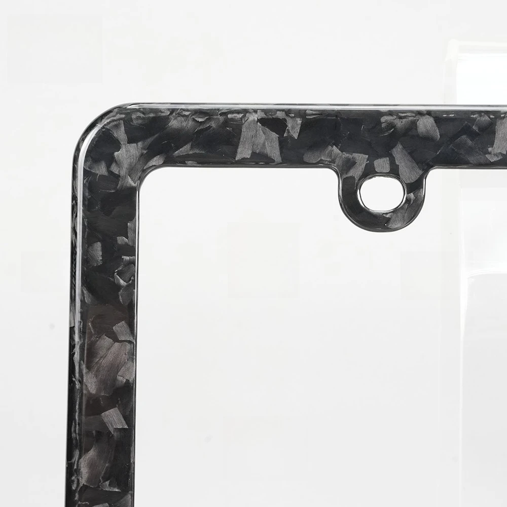 Glossy Black Forged Pattern Carbon Fiber License Plate Frame Universal US Standard 4-Hole Car Tag Holder Cover with Screw Caps