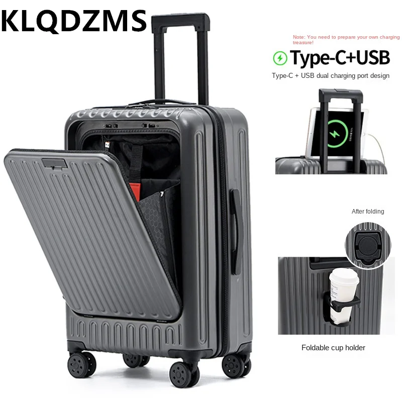 KLQDZMS ABS+PC Suitcase USB Charging Front Opening Laptop Trolley Case 20"24"26 Inch with Cup Holder Women's Cabin Luggage