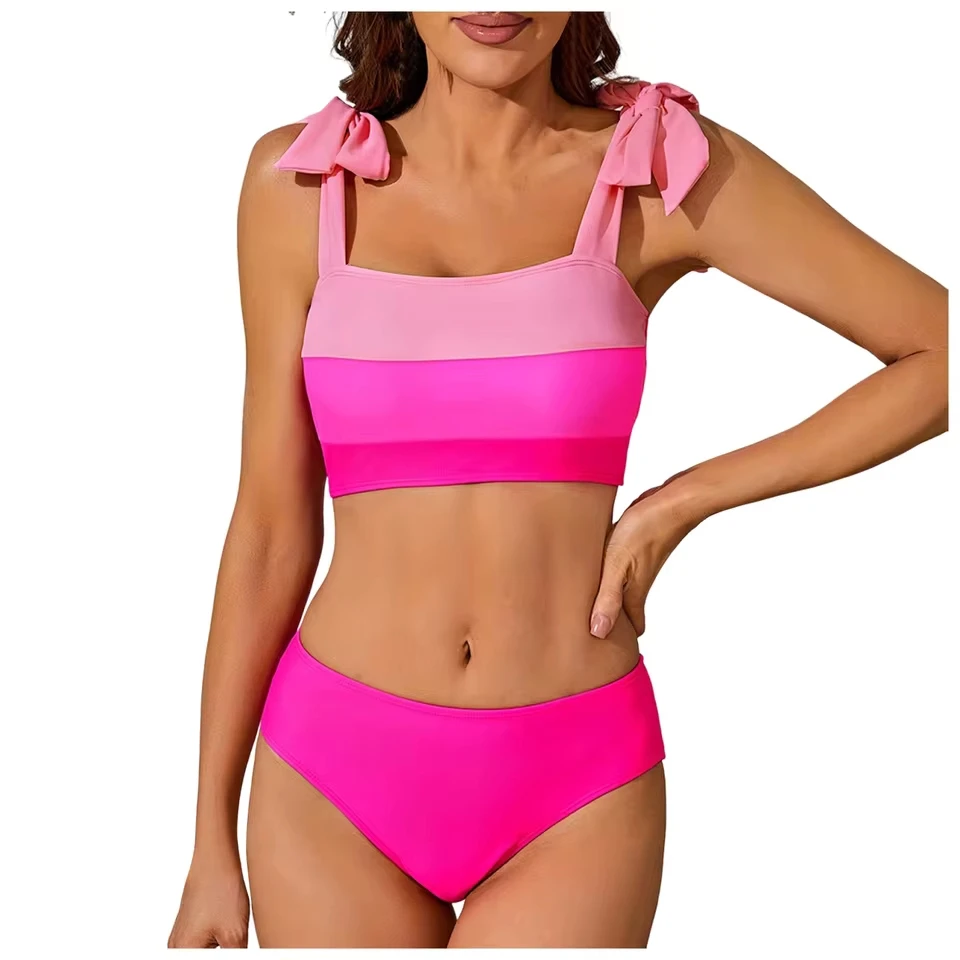 

Womens Lace Up Strap Tankini Swimsuits Two Piece Patchwork Color Block Bathing Suits Swimwear Holiday Two Pieces Bathing Suit